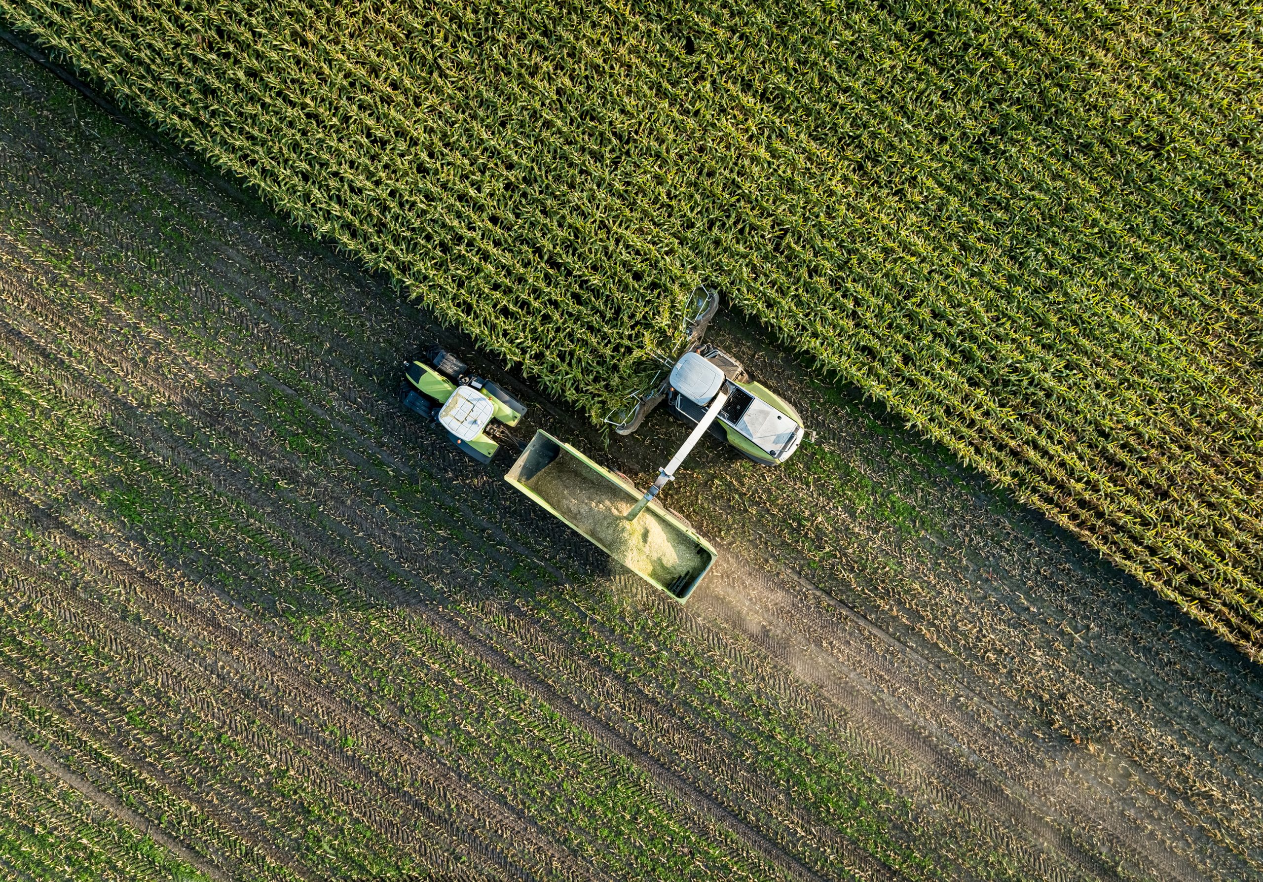 Aerial top view of tractor and harvester working in a field.